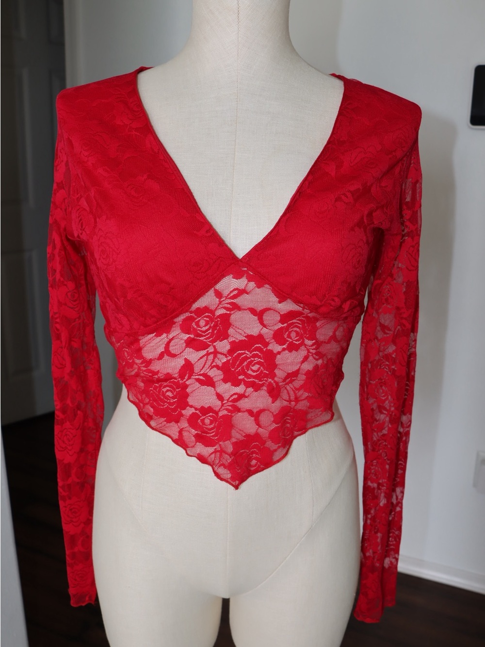 Fashion Nova Red Floral Lace V-Neck Long Sleeve Crop Top